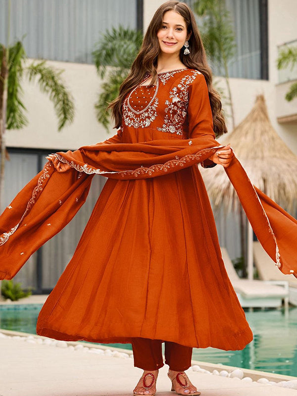 Rust Orange Embroidery Work Vichitra Silk Kurti Pant With Dupatta