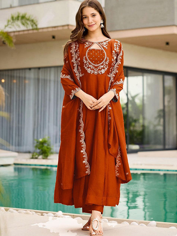 Rust Orange Embroidery Work Vichitra Silk Kurti Pant With Dupatta