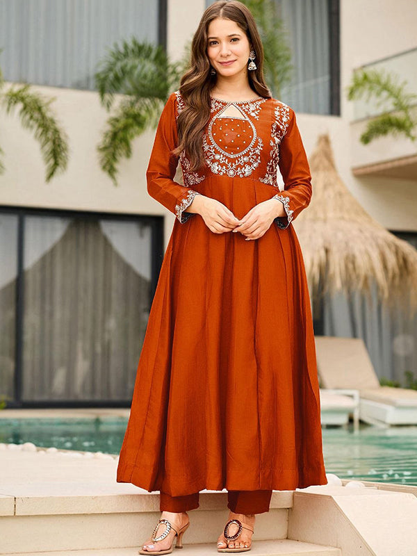 Rust Orange Embroidery Work Vichitra Silk Kurti Pant With Dupatta
