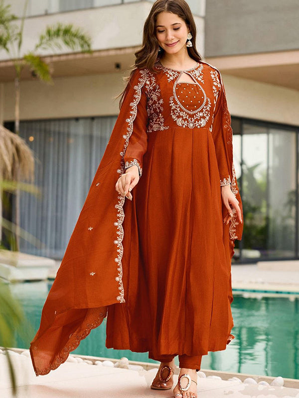 Rust Orange Embroidery Work Vichitra Silk Kurti Pant With Dupatta