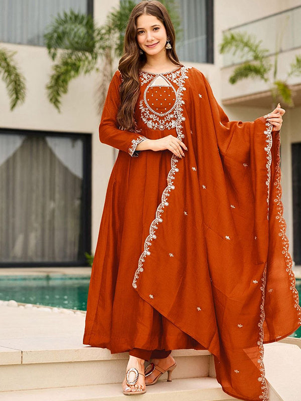 Rust Orange Embroidery Work Vichitra Silk Kurti Pant With Dupatta