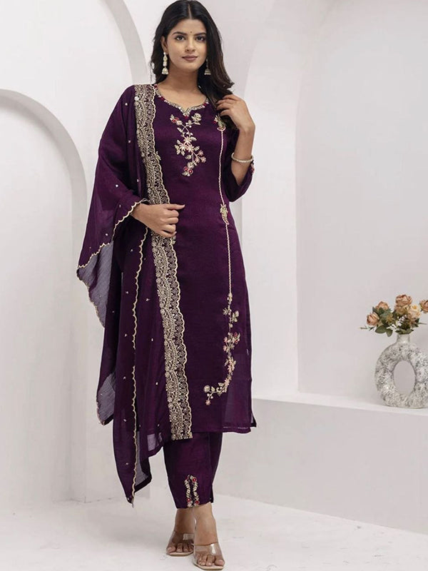 Wine Embroidery Work Vichitra Silk Kurti Pant With Dupatta