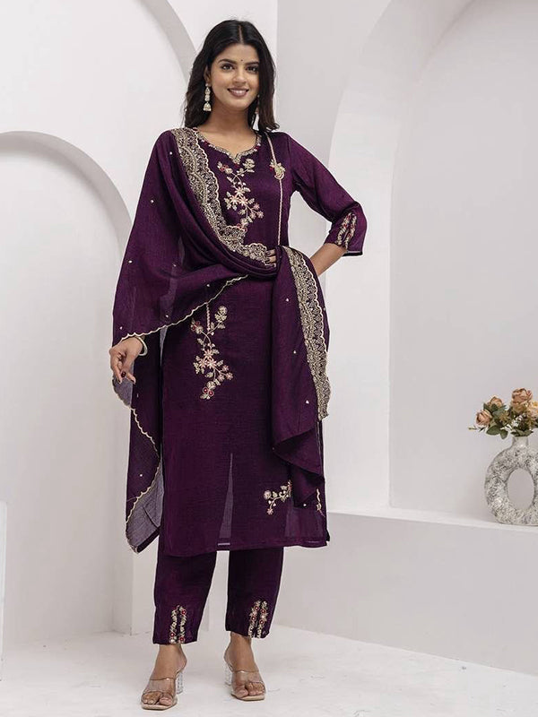 Wine Embroidery Work Vichitra Silk Kurti Pant With Dupatta
