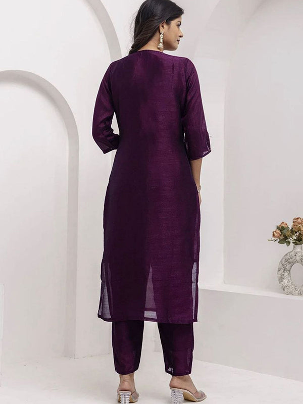 Wine Embroidery Work Vichitra Silk Kurti Pant With Dupatta
