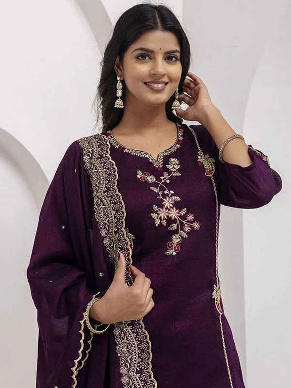 Wine Embroidery Work Vichitra Silk Kurti Pant With Dupatta