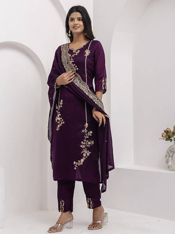 Wine Embroidery Work Vichitra Silk Kurti Pant With Dupatta