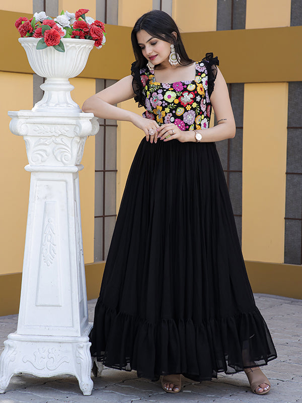 Black Faux Blooming With Sequins Embroidered Gown
