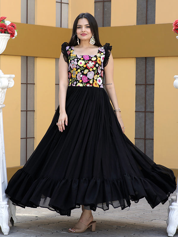 Black Faux Blooming With Sequins Embroidered Gown