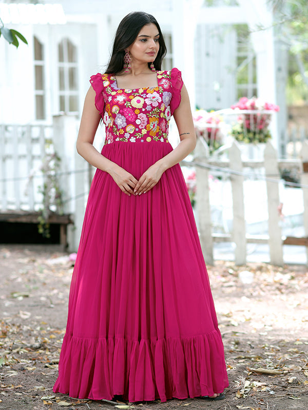 Pink Faux Blooming With Sequins Embroidered Gown