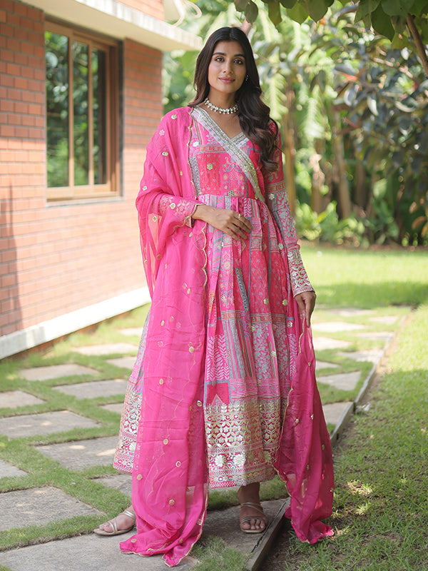 Pink Printed Russian Silk Gown With Dupatta