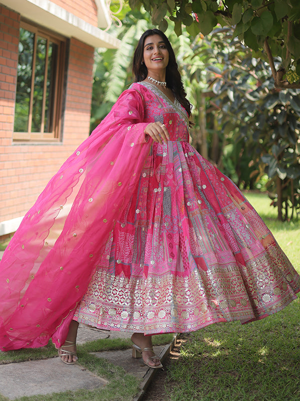 Pink Printed Russian Silk Gown With Dupatta