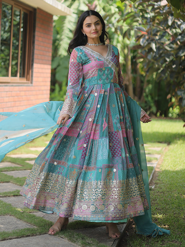 Sky Printed Russian Silk Gown With Dupatta