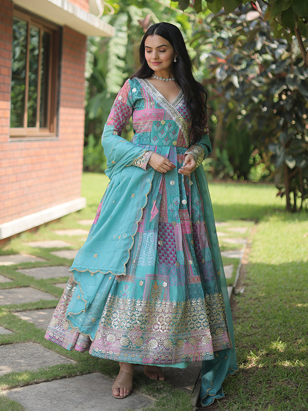 Sky Printed Russian Silk Gown With Dupatta