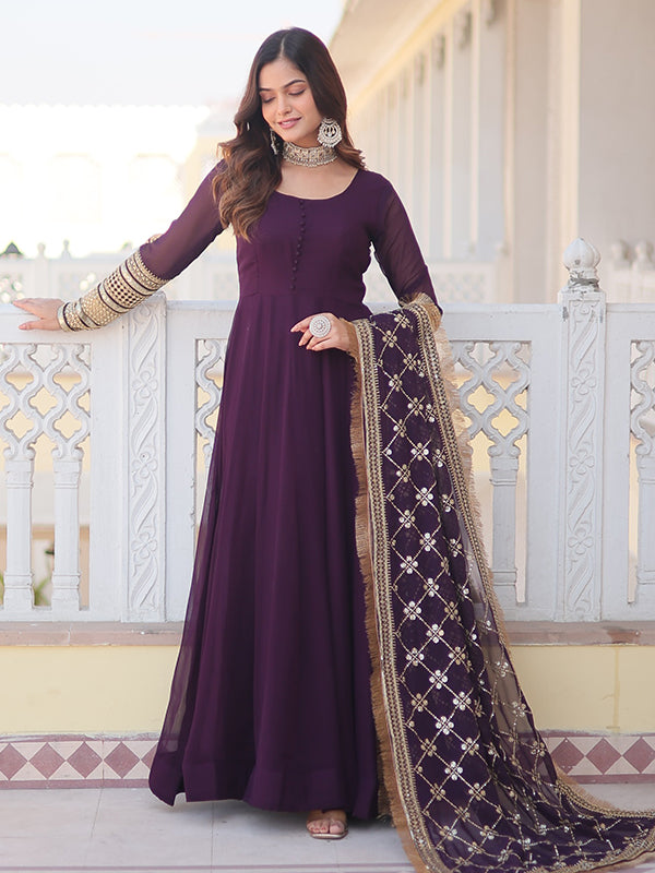 Wine Sequins Embroidered Faux Blooming Gown With Designer Dupatta