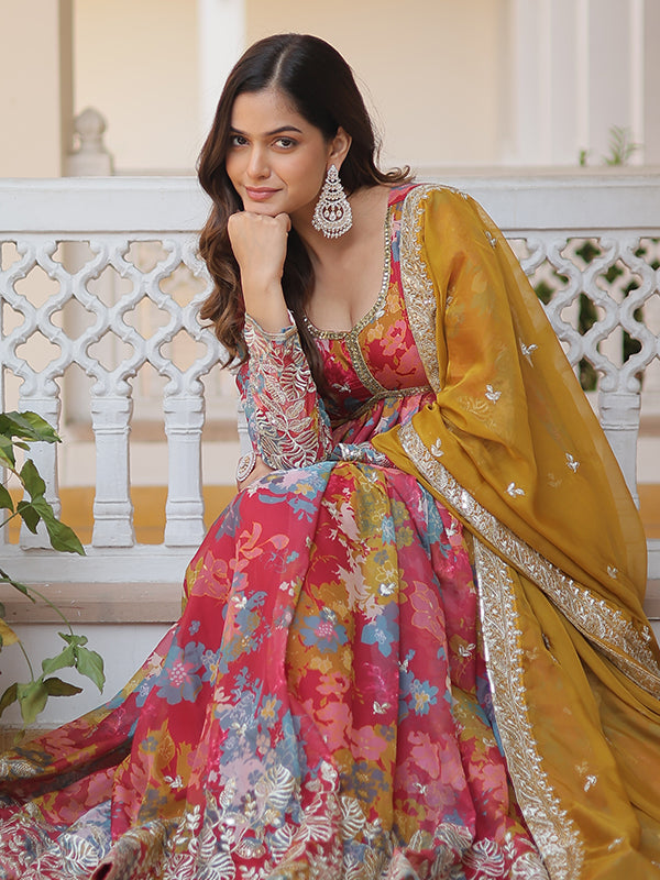 Pink Yellow Printed Russian Silk With Embroidery Zari Sequins Gown With Dupatta