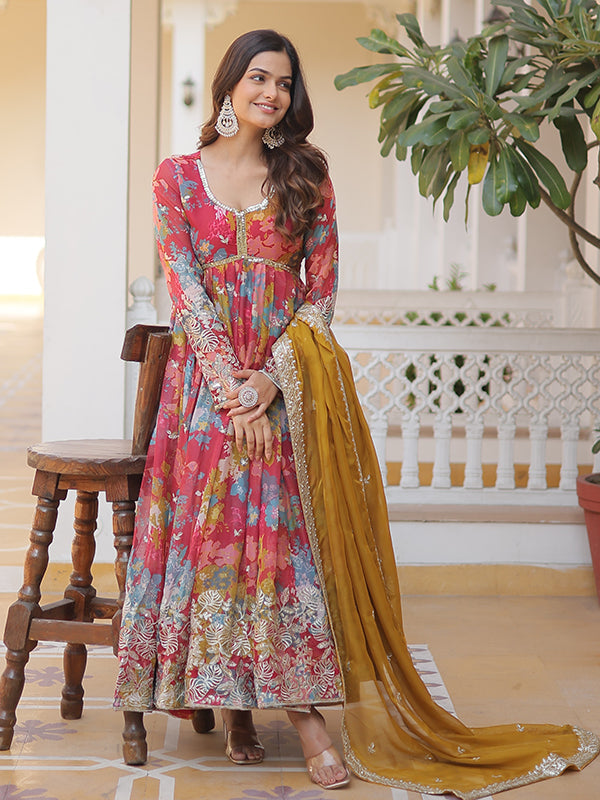 Pink Yellow Printed Russian Silk With Embroidery Zari Sequins Gown With Dupatta