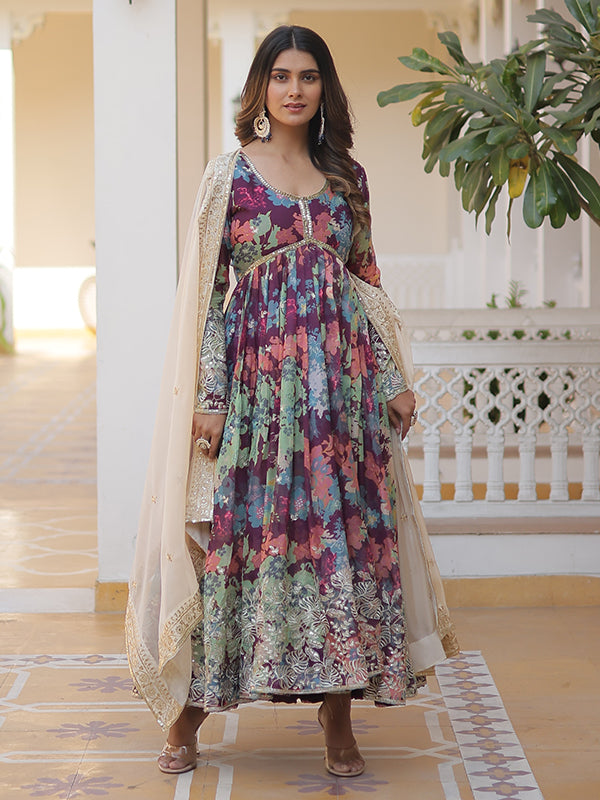 Wine Green Printed Russian Silk With Embroidery Zari Sequins Gown With Dupatta