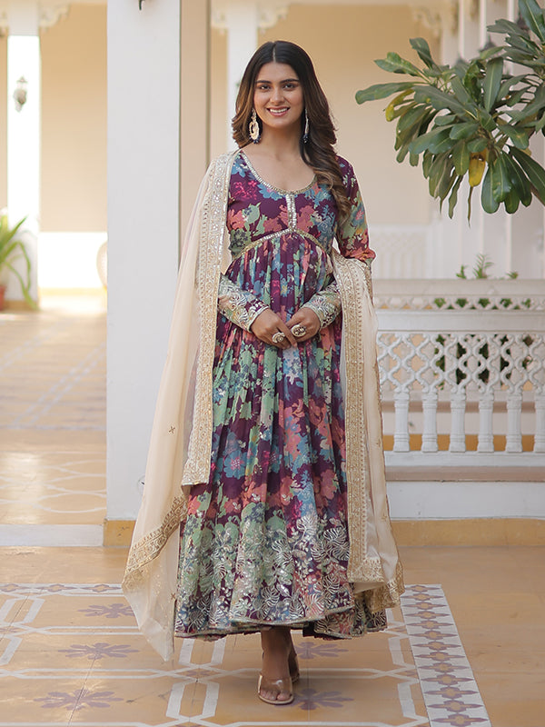 Wine Green Printed Russian Silk With Embroidery Zari Sequins Gown With Dupatta
