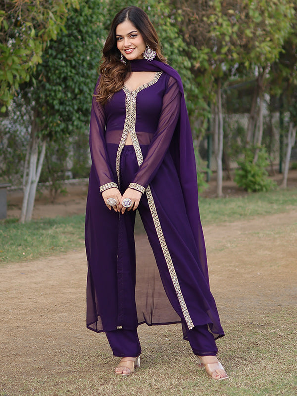 Wine Slit Suit With Attractive Lace Border Pant & Dupatta Set