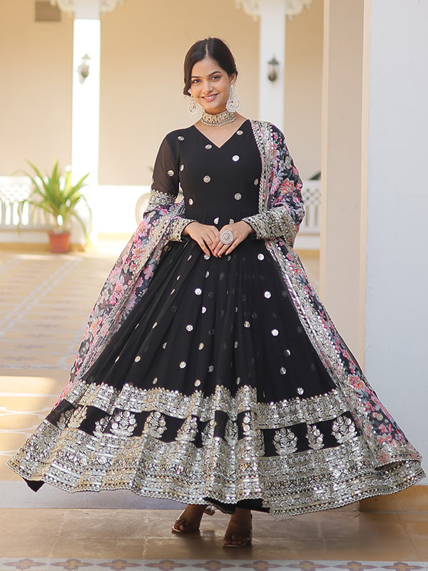 Black Faux Georgette with Embroidery Zari Sequins Gown With Dupatta