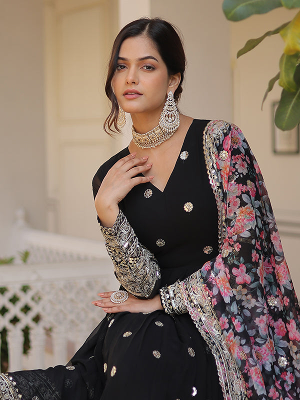 Black Faux Georgette with Embroidery Zari Sequins Gown With Dupatta