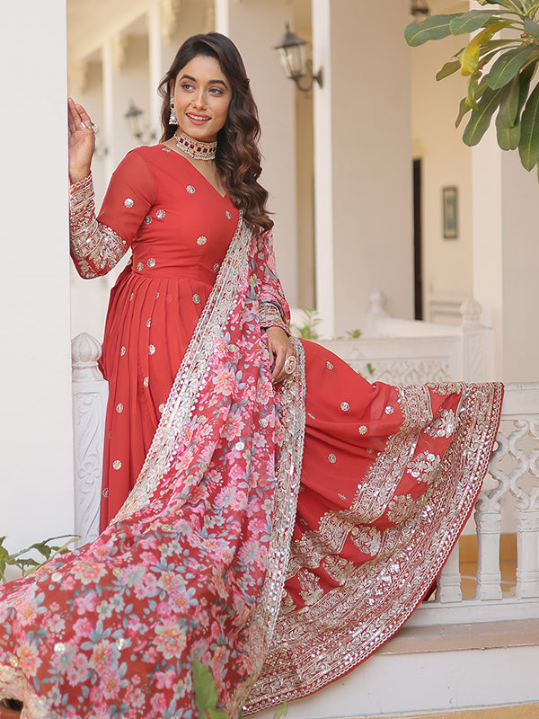 Orange Faux Georgette with Embroidery Zari Sequins Gown With Dupatta