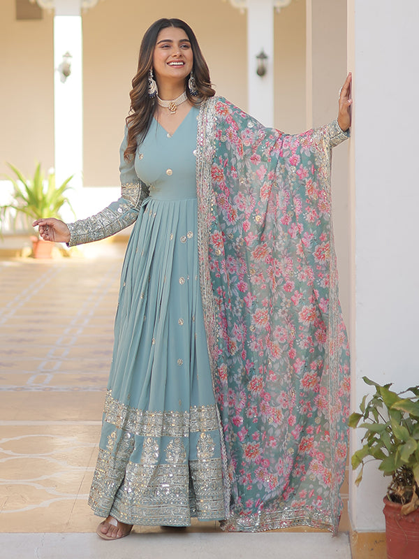 Sky Faux Georgette with Embroidery Zari Sequins Gown With Dupatta