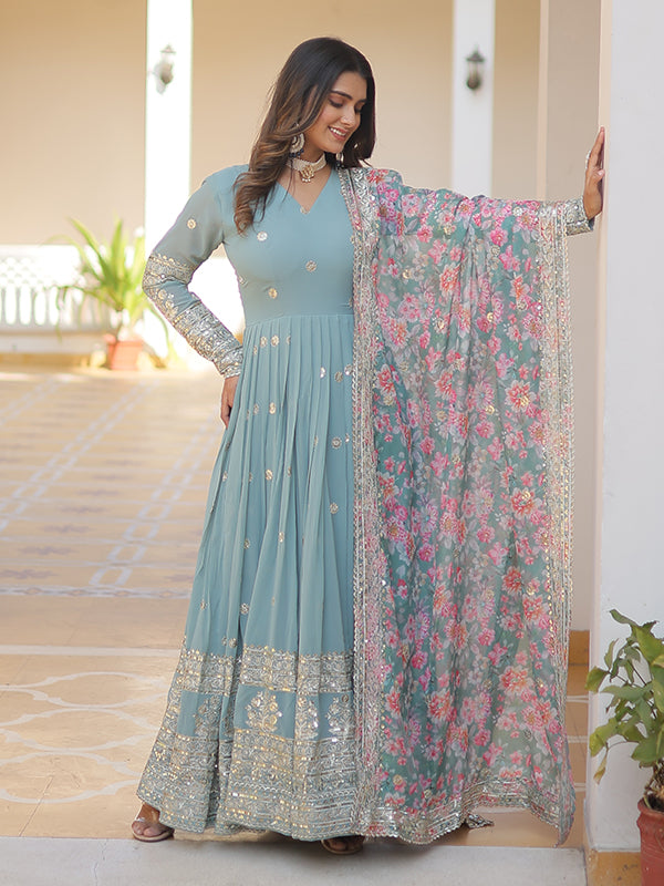 Sky Faux Georgette with Embroidery Zari Sequins Gown With Dupatta