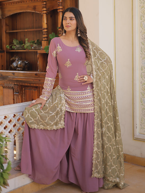 Onion Faux Georgette with Embroidery Sequins Kurti With Sharara Set