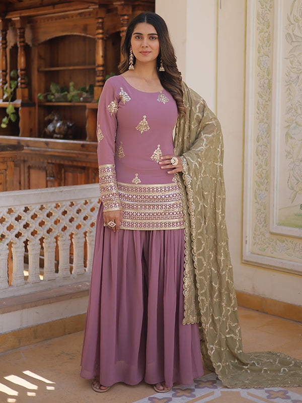 Onion Faux Georgette with Embroidery Sequins Kurti With Sharara Set