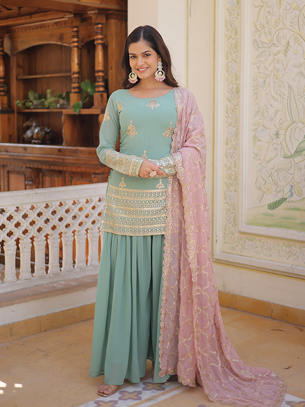Pista Faux Georgette with Embroidery Sequins Kurti With Sharara Set