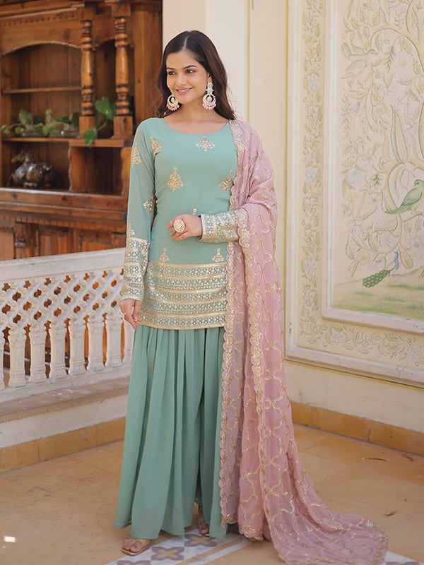 Pista Faux Georgette with Embroidery Sequins Kurti With Sharara Set