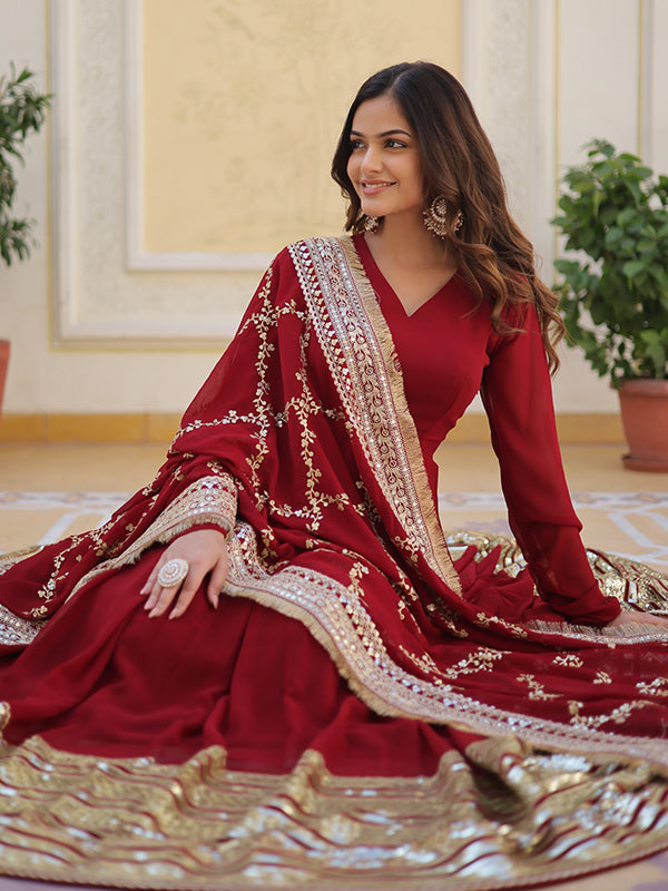 Maroon Embroidered Zari Sequins Faux Blooming Gown With Dupatta