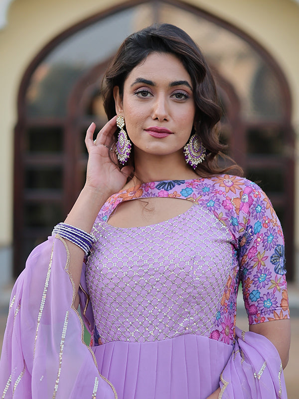 Light Purple Faux Georgette with Rich Floral Printed Gown With Dupatta