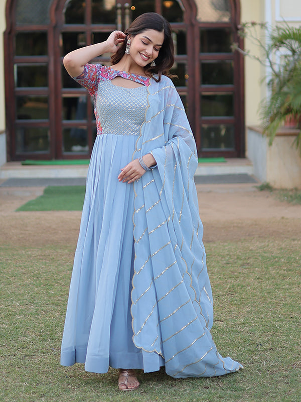 Sky Faux Georgette with Rich Floral Printed Gown With Dupatta