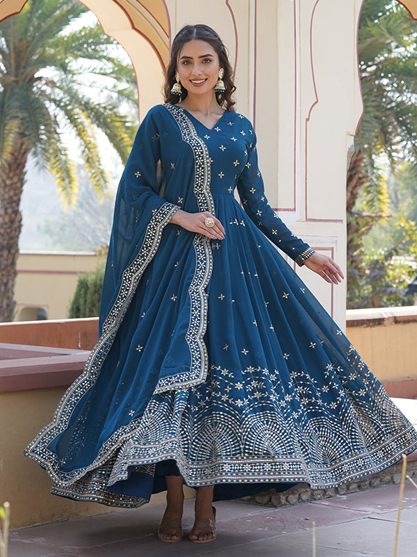 Rama Faux Georgette with Embroidery Zari Sequins Gown With Dupatta