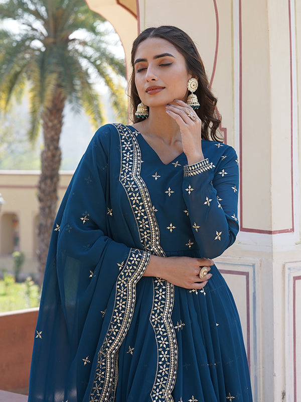 Rama Faux Georgette with Embroidery Zari Sequins Gown With Dupatta