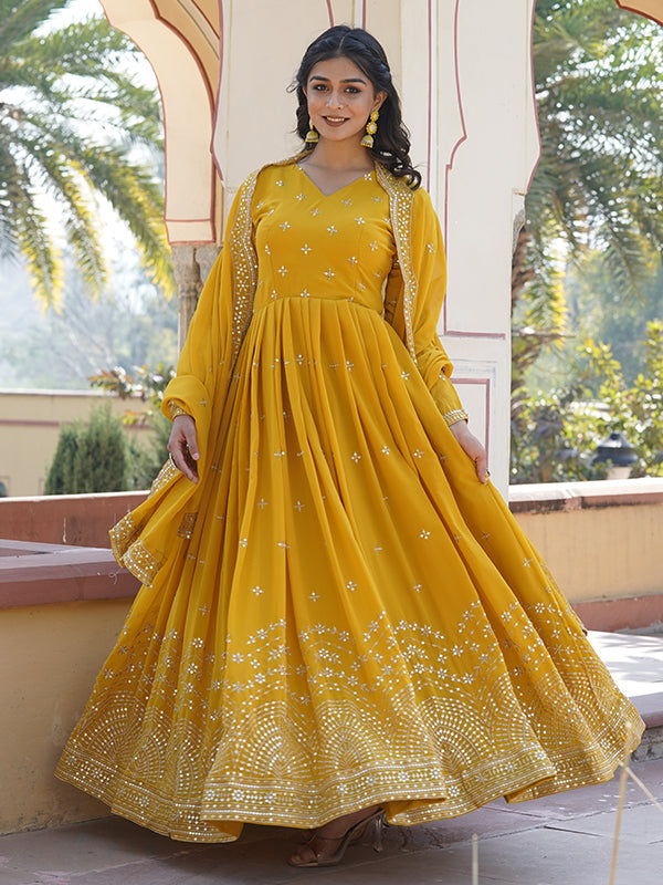 Yellow Faux Georgette with Embroidery Zari Sequins Gown With Dupatta