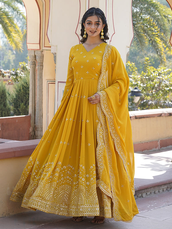 Yellow Faux Georgette with Embroidery Zari Sequins Gown With Dupatta