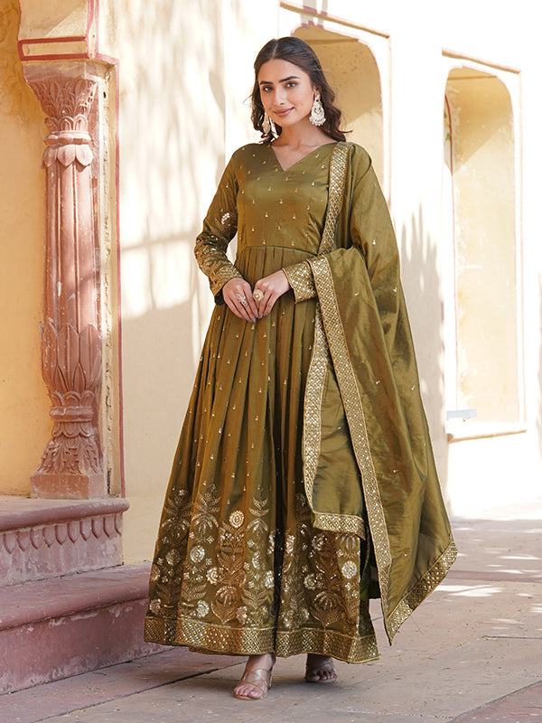 Mehandi Viscose Cosmos With Embroidery Zari Sequins Gown With Dupatta
