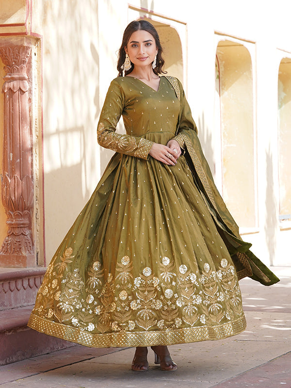 Mehandi Viscose Cosmos With Embroidery Zari Sequins Gown With Dupatta