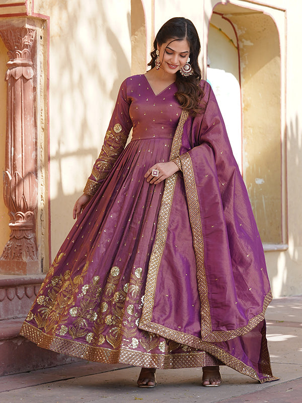 Wine Viscose Cosmos With Embroidery Zari Sequins Gown With Dupatta