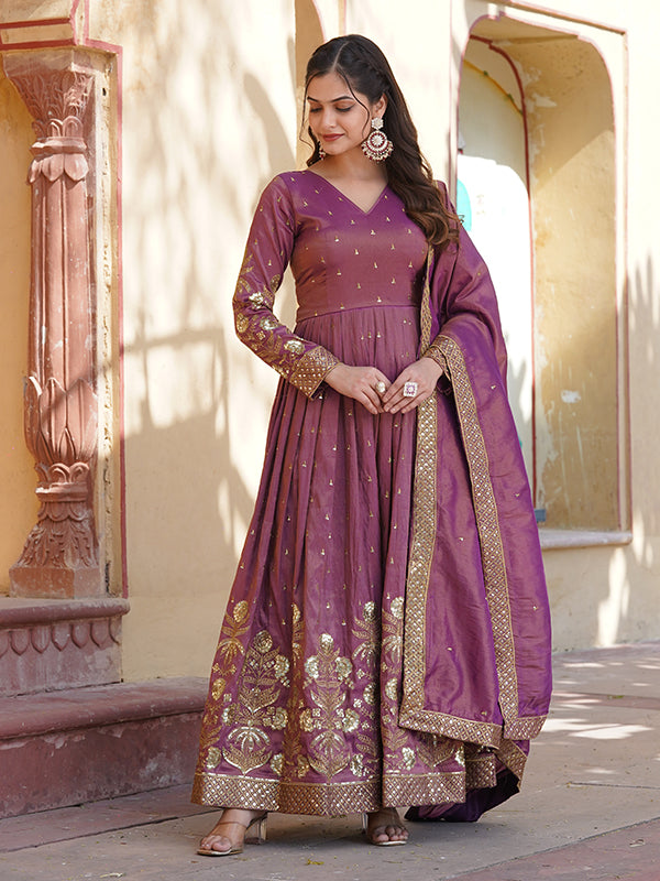 Wine Viscose Cosmos With Embroidery Zari Sequins Gown With Dupatta