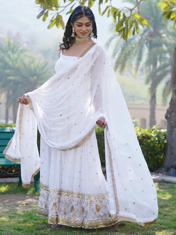 White Faux Blooming With Sequins Embroidered Gown With Dupatta