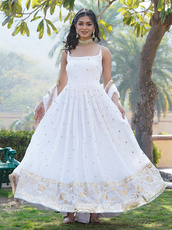 White Faux Blooming With Sequins Embroidered Gown With Dupatta