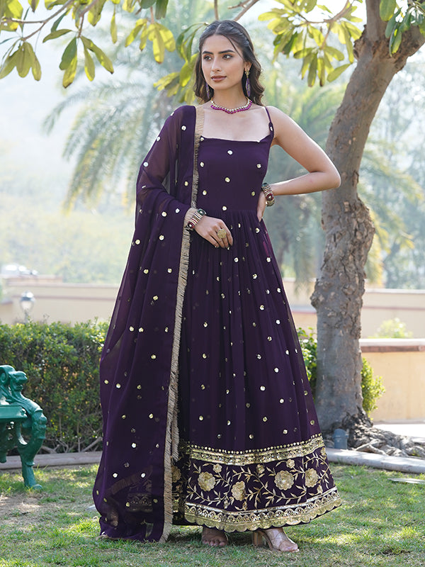 Wine Faux Blooming With Sequins Embroidered Gown With Dupatta