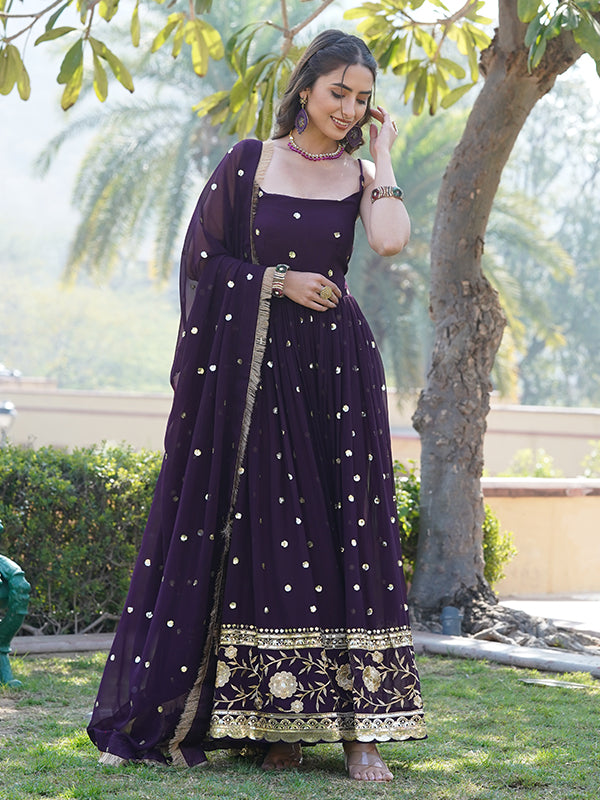 Wine Faux Blooming With Sequins Embroidered Gown With Dupatta