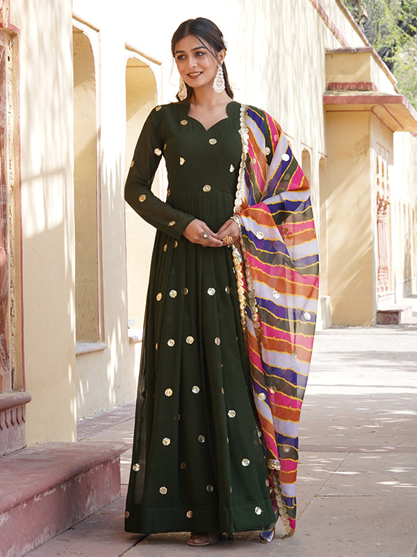 Green Faux Blooming With Embroidery Zari Sequins Gown With Dupatta