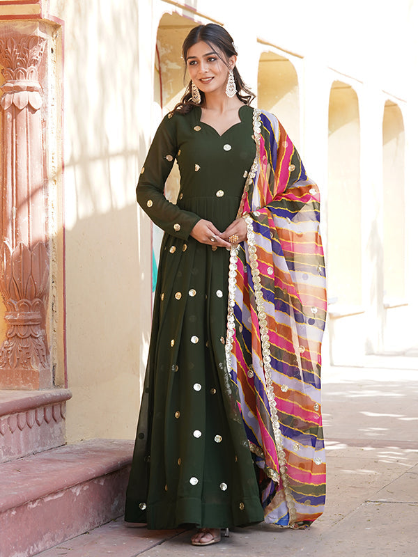 Green Faux Blooming With Embroidery Zari Sequins Gown With Dupatta