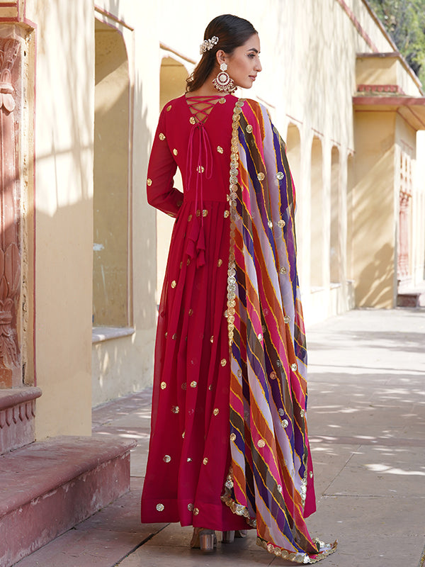 Cherry Pink Faux Blooming With Embroidery Zari Sequins Gown With Dupatta
